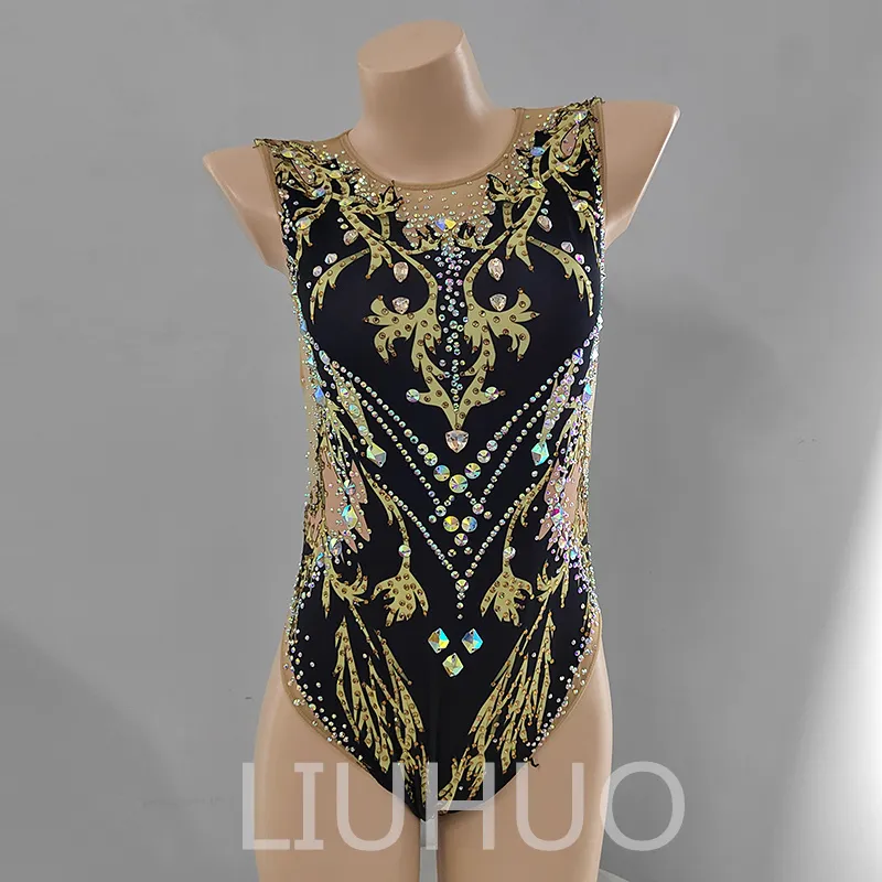 LIUHUO Personalizar Colores Trajes De Baño Sincronizados Niñas Mujeres Cristales De Calidad Diamantes De Imitación Elásticos Calidad Equipo De Natación Rendimiento Negro BD1899