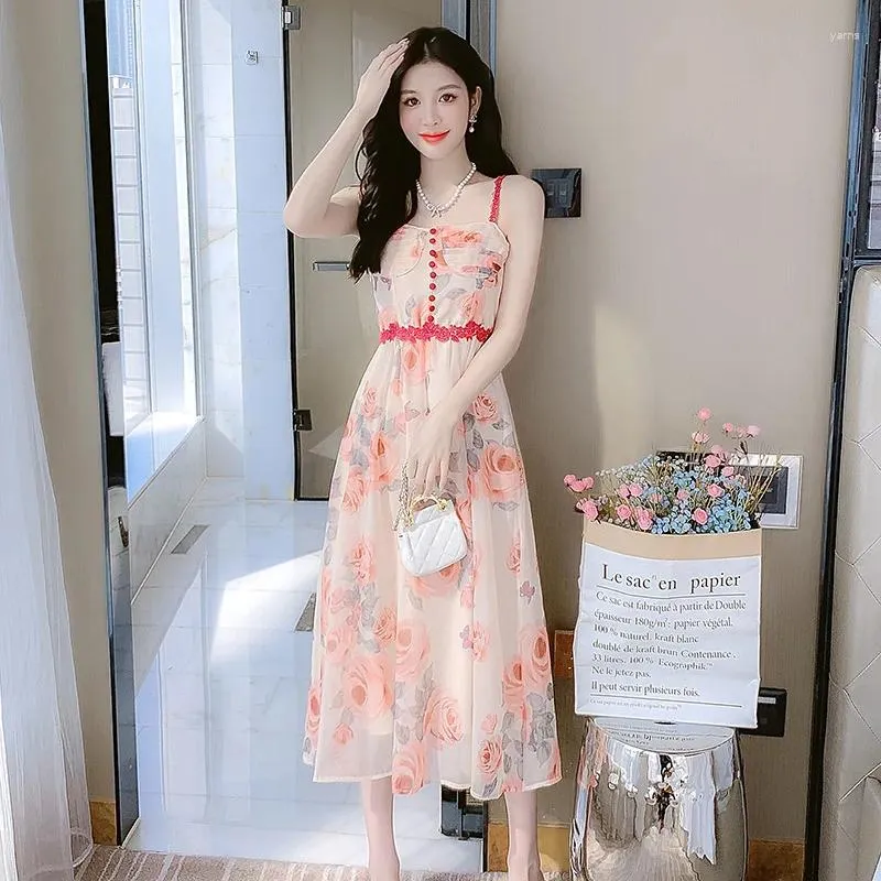 Casual Dresses Floral Suspenders Summer Dress Women 2024 Fashion Thin Young Girl Elegant Print Party Sommerkleider Damen Lq62