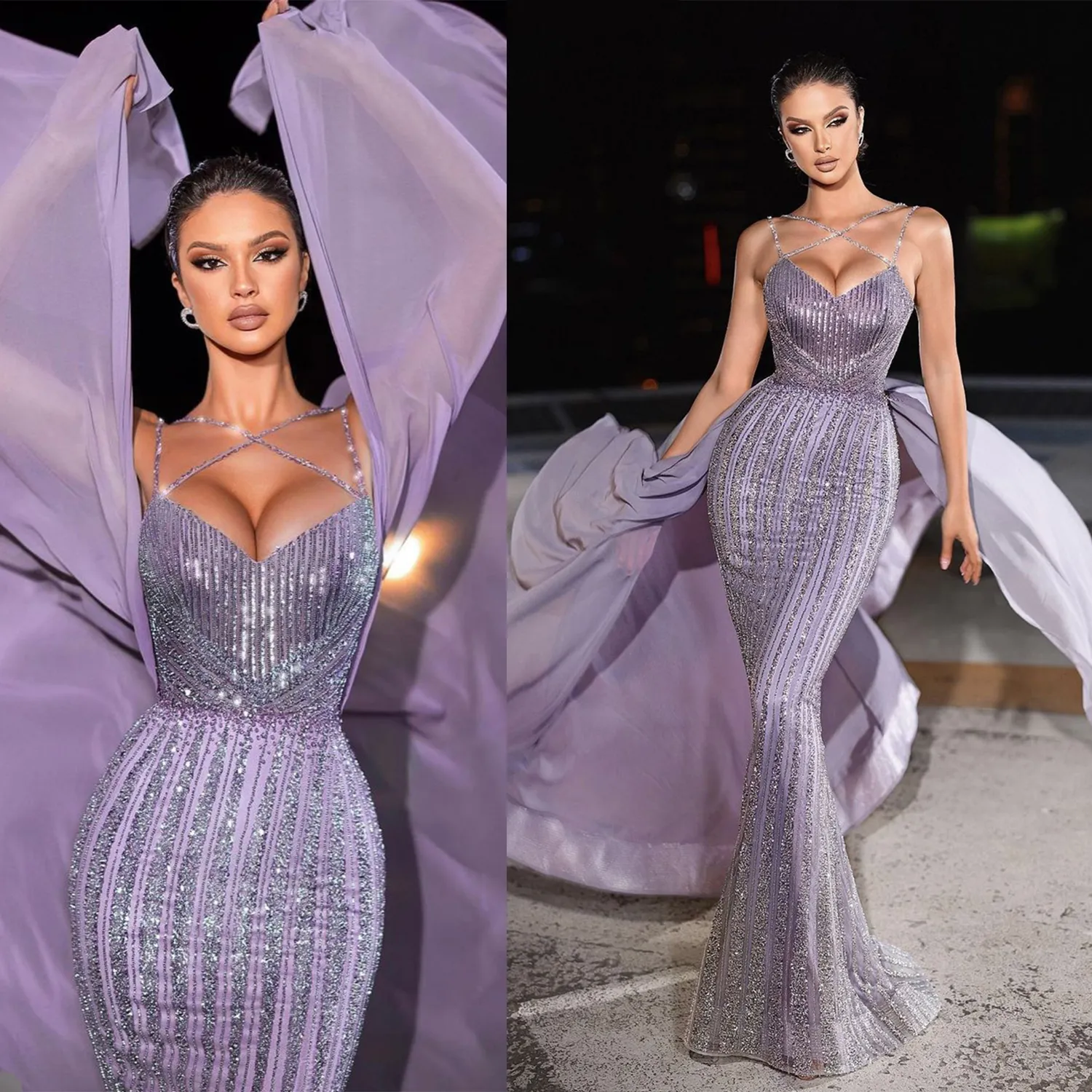 Elegant Mermaid Women Evening Dresses Sweetheart Criss Cross Straps Prom Gowns Sequins Sweep Train Dress For Party Custom Made robe de soiree