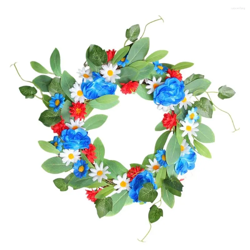 Dekorativa blommor Liten Daisy Wreath Floral Flower Garland Röd vit blå ytterdörrdekoration Silkduk