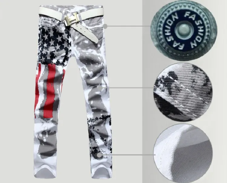 Bedruckte Jeans mit US-Flagge, hoher Stretchanteil, schmale Passform, legere, lässige, große Hose mit fünfzackigen Sternen und roten Streifen