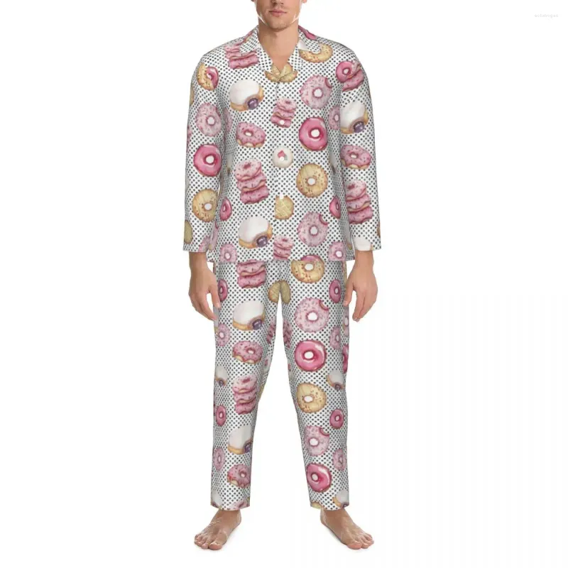 メンズスリープウェアウォーターカラードーナツパジャマの男性かわいいポルカドットプリントトレンディベッドルームスプリング2ピースビンテージ特大カスタムホームスーツ