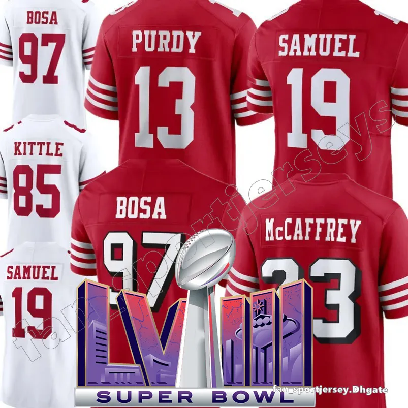 SF ''49ers''Jersey de fútbol personalizado Hombres Mujeres Jóvenes Joe Montana Jerry Rice Brock Purdy Christian McCaffrey George Kittle Brandon Aiyuk Nick Bosa Fred Warner Deebo Samuel