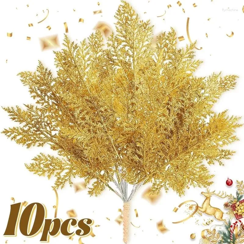 Decorative Flowers 1-10pcs Artificial Pine Branches Xmas Tree Ornaments Glitter Gold Sequin Leaves Fake Plants Christmas Party Home Decor