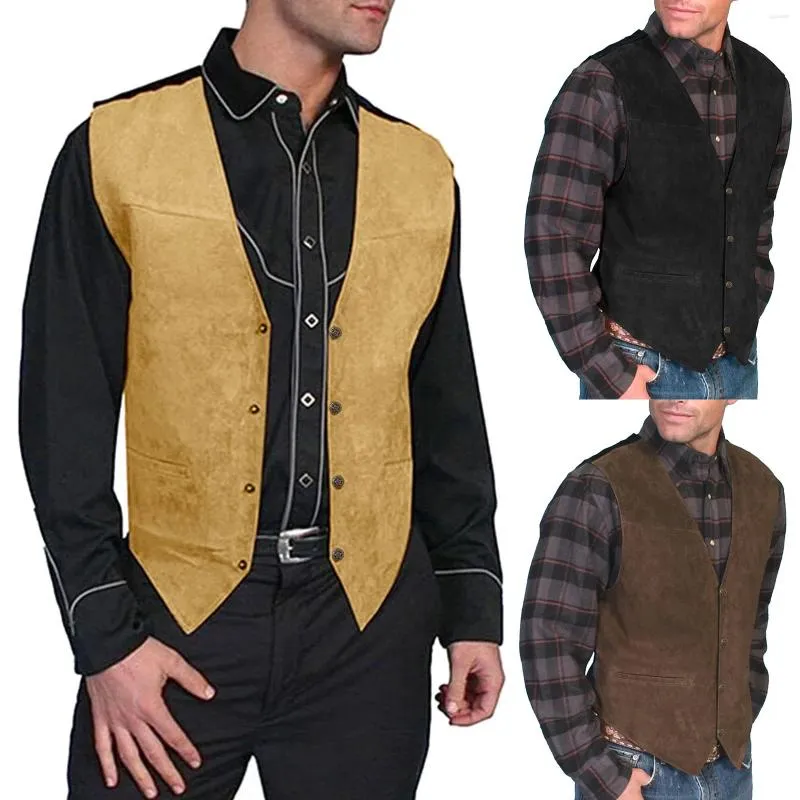 Men's Vests Mens Gentlemens Plays Suede Retro V Neck Solid Color Pocket Button Leather Vest Waistcoat Wedding Evening Dress Singlet