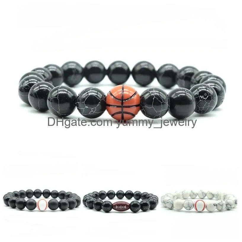 Perlé 10mm Perles Brins Bracelet Mens Gym Baseball Basketball Rugby Football Turquoise Perles Rondes Bracelets De Sport Cadeaux Mode Na Dhqbq