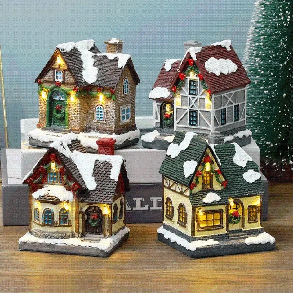 Décorations de Noël Décoration LED Lumineux Cabane Village Maison Bâtiment Résine Maison Affichage Fête Ornement Cadeau De Vacances Décor Orna2089