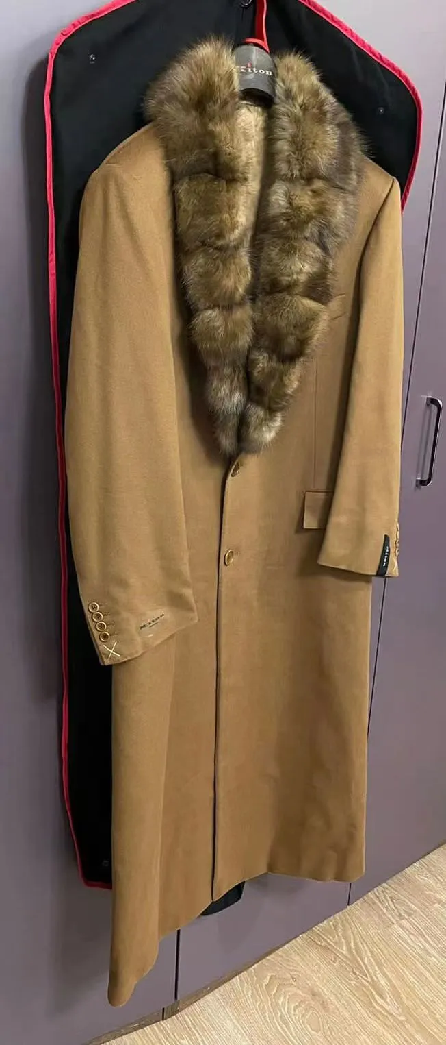 Mens camel coat with fur collar hotsell