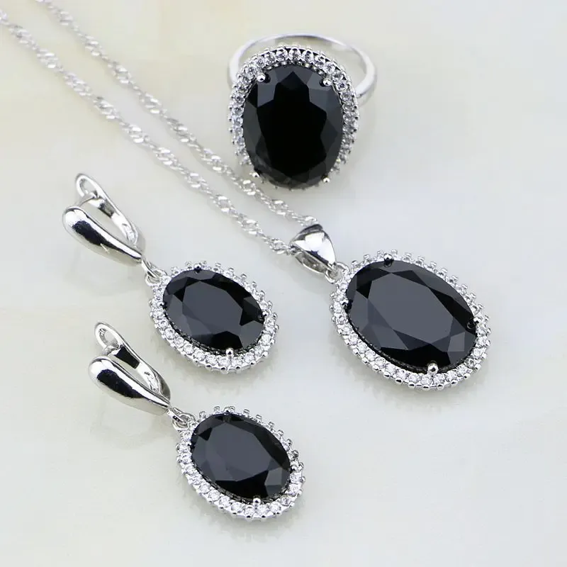 Conjuntos de joias de prata esterlina com zircônia branca, pedras pretas em formato redondo para mulheres, brincos/anel/pingente/colar de casamento
