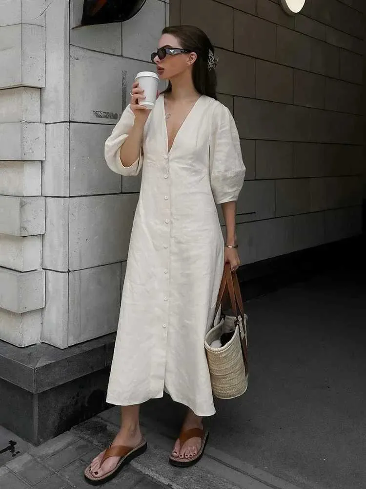 Basic Casual Jurken Elegante beige linnen bladerdeegjurk voor dames 2023 zomer V-hals knooploze jurk voor dames casual losse effen kleding J240222