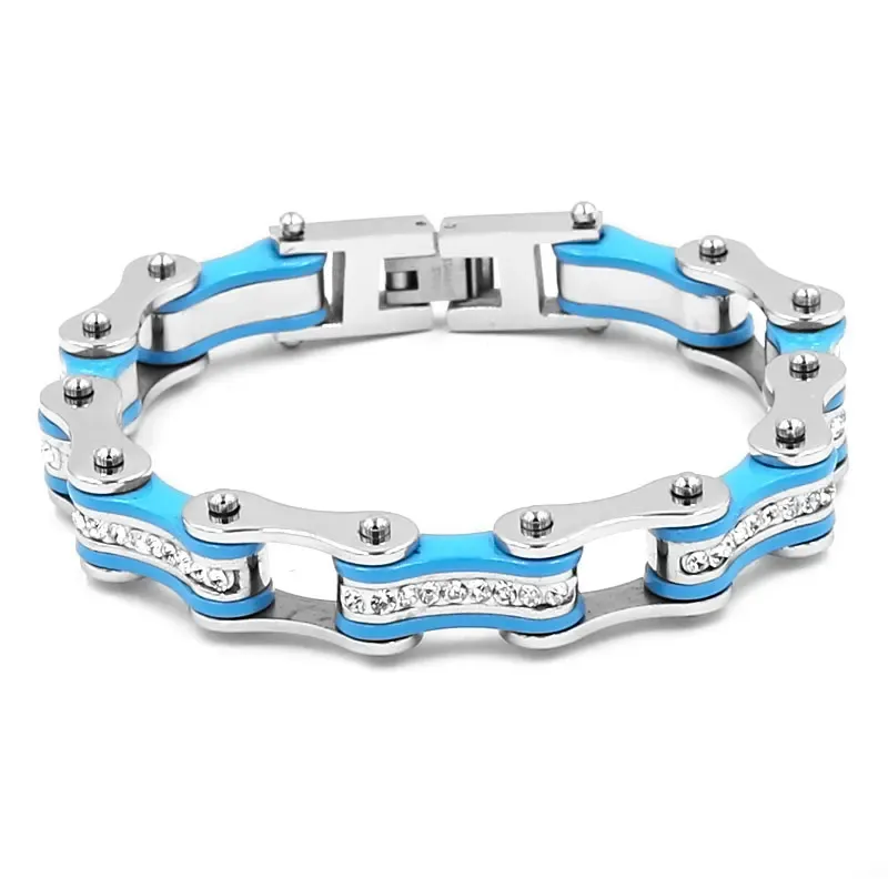 Bracelets Wholesale Bling Crystal Motorcycle Bracelet Stainless Steel Jewelry Blue Bicycle Chain Motor Biker Girls Men Bracelet SJB0313