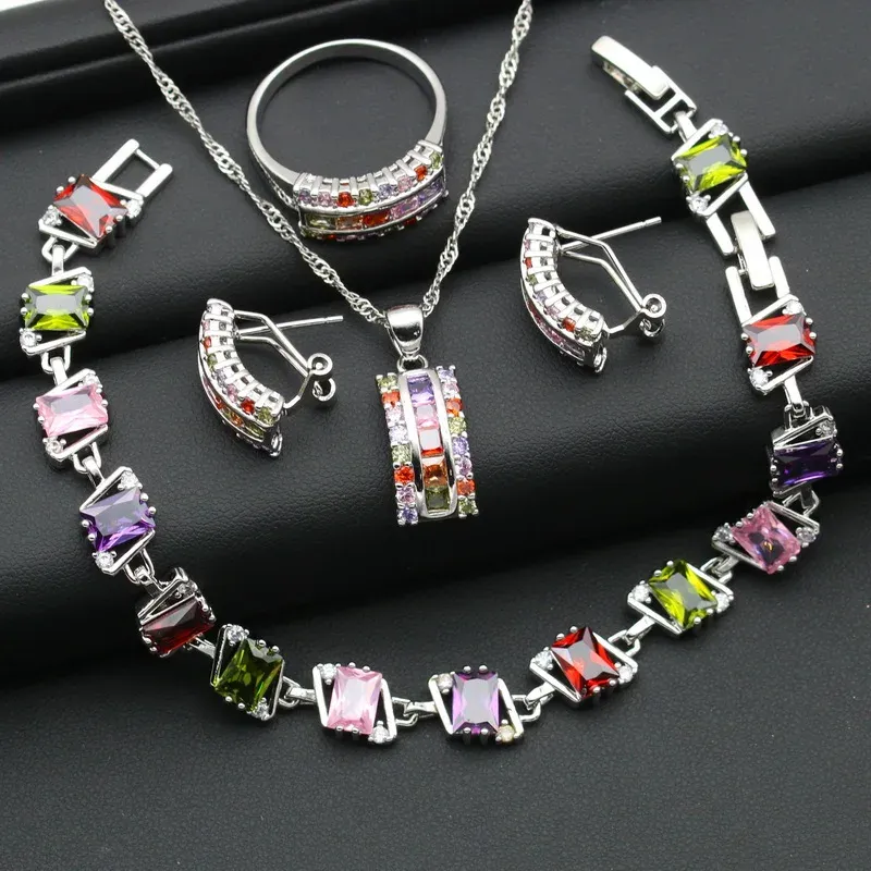 Brins de brins carrés multicolores cubiques zircone en argent couleurs de bijoux de bijoux pour femmes boucles d'oreille collier bancaire bancaire sans bijoux