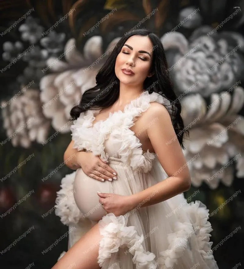 Vestidos casuais extra inchado vestidos de gravidez sem mangas v pescoço em camadas com flares vestido de baile marfim nupcial maternidade vestes plus size
