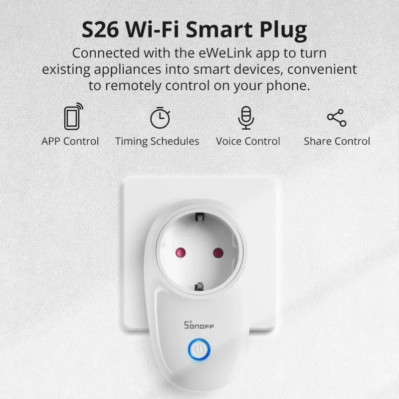 Control Sonoff S26 16A WiFi Smart Socket SCOKE SCHAKELAA APP/VOCIE AFTANDSEDIEning StopContact Timing, app Ewelink Alexa Google Home