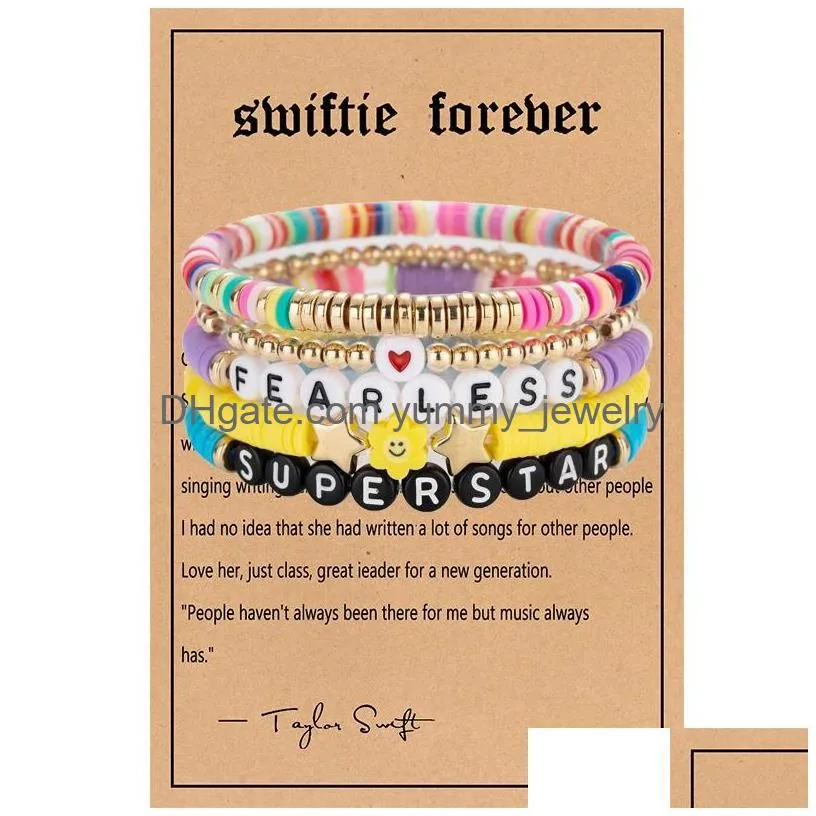 Beaded 5Pcs Swiftie Friendship Bracelets Set Taylor Music Surfer Heishi Beads Strands Flower Heart Star Letter Charm Stackable Soft C Dhj2Y