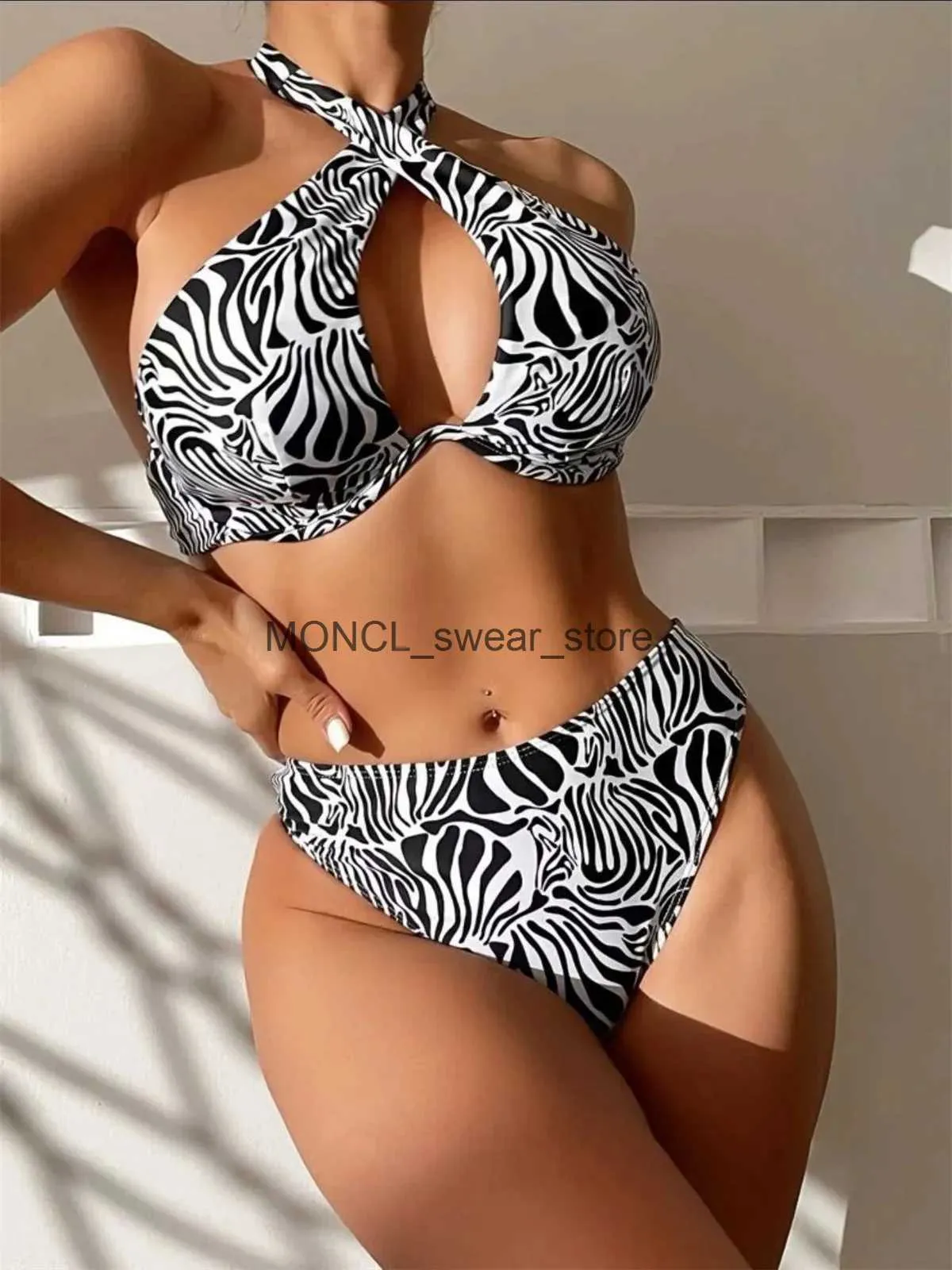 Women's Swimwear Sexy Underwire Bikinis Sets Women Black Zebra Print Halter Cross Push Up 2024 Cut Out Bathing Suit High Waist SwimsuitH24222