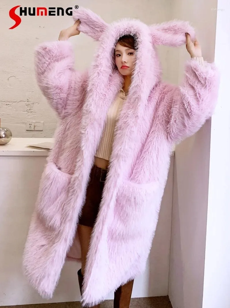 Women's Fur Cherry Blossom Pink Long Faux Fluffy Jacket Female 2024 Winter Loose Ear Pocket Hooded Furry Coats For Women
