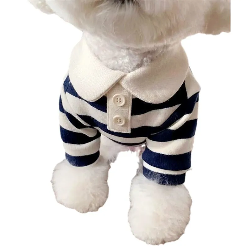 Spring Dog Clothes, Casual Striped Crew Neck T-shirt, liten och medelstor hund tunn polo-skjorta, tvåbenade husdjurskläder