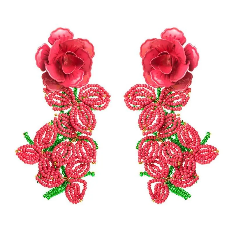Dingle ljuskrona ny esigner droppörhängen smycken personlighet djupa rosa blomma pärlor tofs stor uttalande modeparty kvinnor dan dhib1