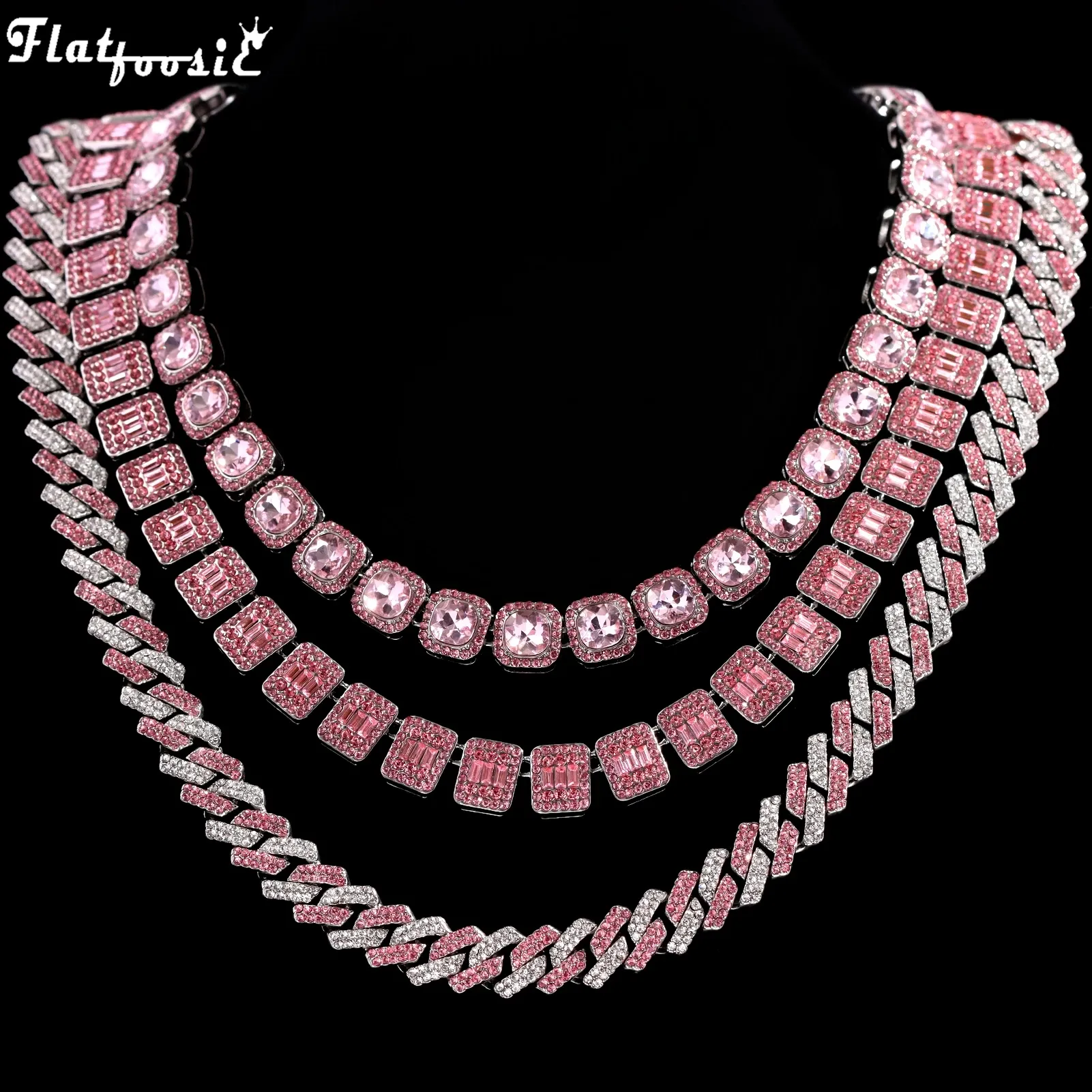 Halsband Hip Hop Pink Crystal Cuban Link Chain Halsband för kvinnor Bling Iced Out Sier Color Rhinestone Paled Choker Halsband smycken