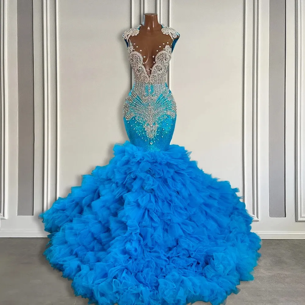 Sparkly Royal Blue Diamond Prom Dresses - Tiered Ruffle Evening Gowns ...