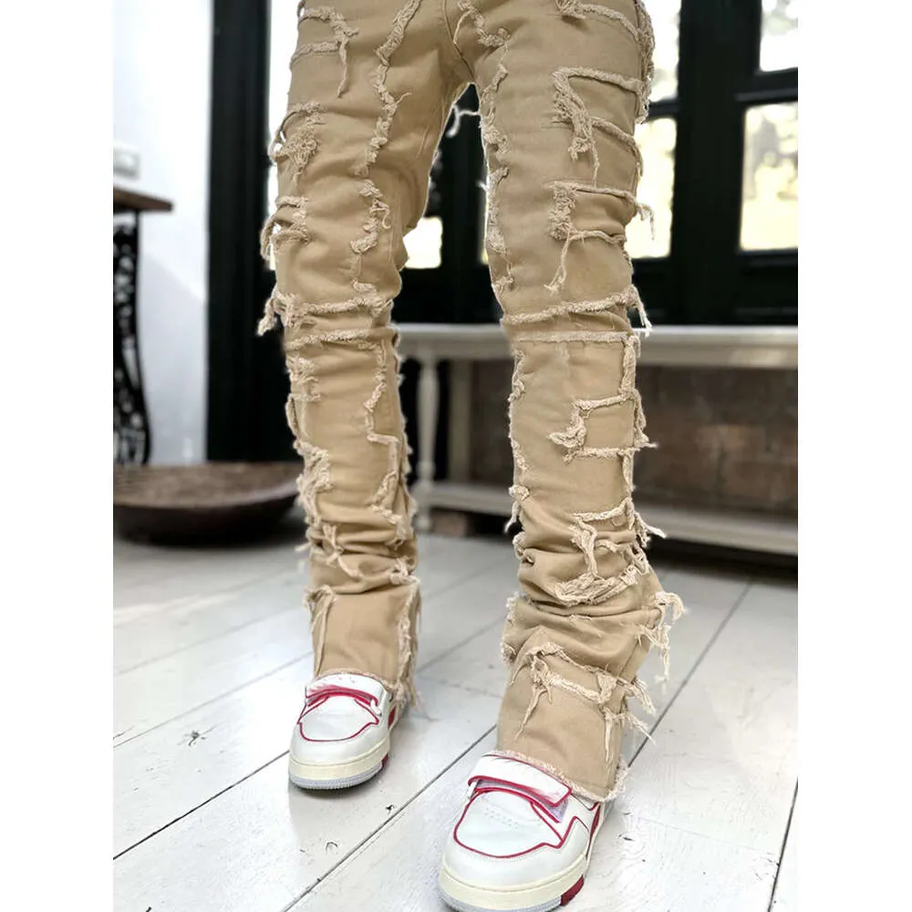 New Men's Street Fashion Ins Elastic Patch Denim Straight Leg Pants