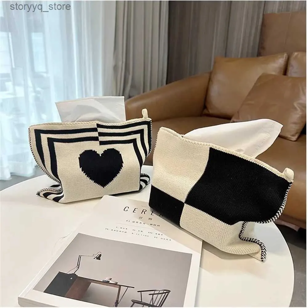 Tissue Boxes Napkins Decoration Knit Desktop Tissue Box Foldable Reusable Heart and Plaid Napkin Cover Dustproof Home Livingroom Car Paper Towels Bag Q240222