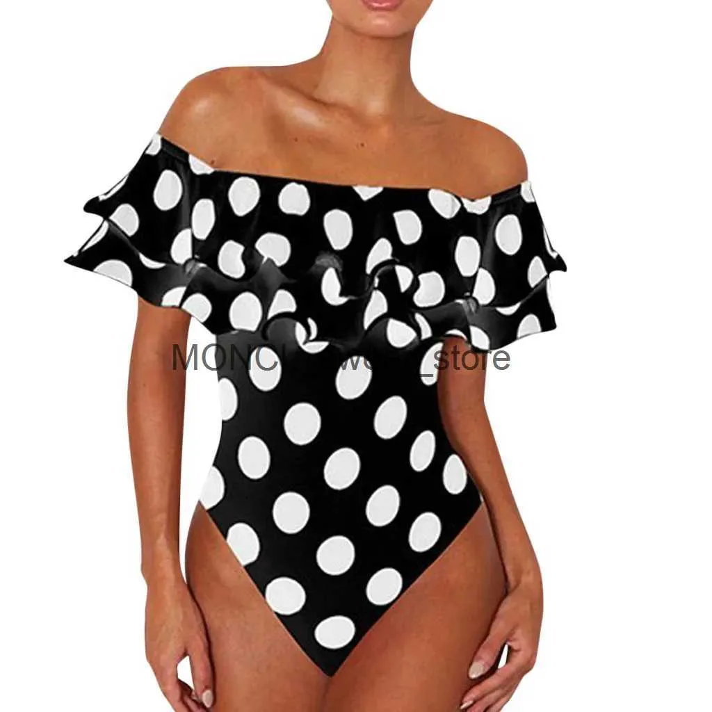 Costumi da bagno da donna Costumi da bagno interi a pois bianchi e neri con volant Costume da bagno push up sexy Body Girl Beach Monokini senza schienaleH24222