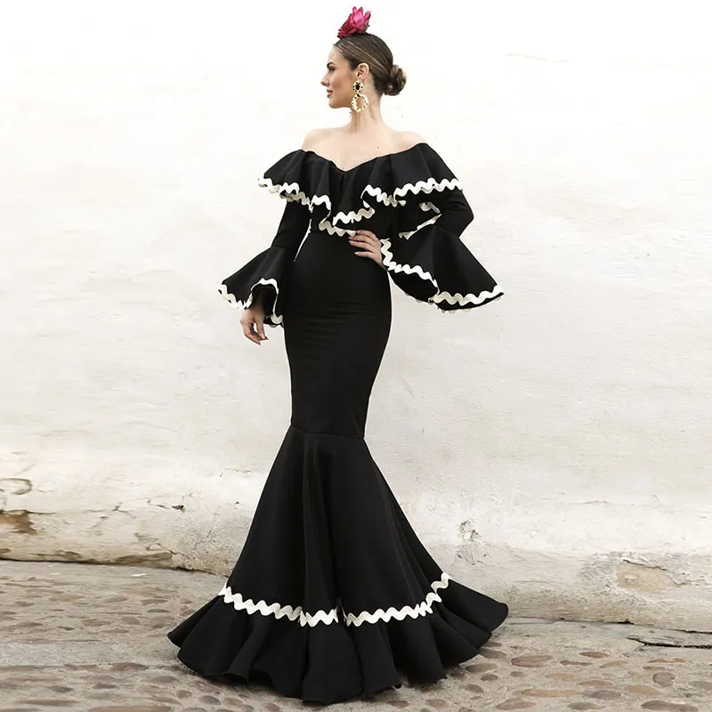 Flamenca svart aftonklänning 2023 ruffles ärmar lång spansk stil prom dance klänningar ceremoni festklänningar för kvinnor