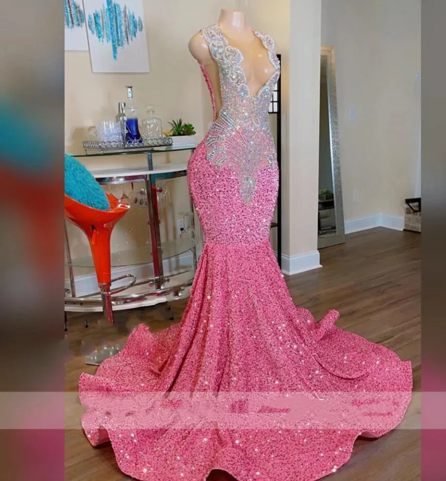 Glitter Pink Sequined Mermaid Prom Dress 2024 For Black Girls Sheer Crew Neck Sparkly Crystal Rhinestones Beading Formal Birthday Party Evening Gown Vestidos 0222