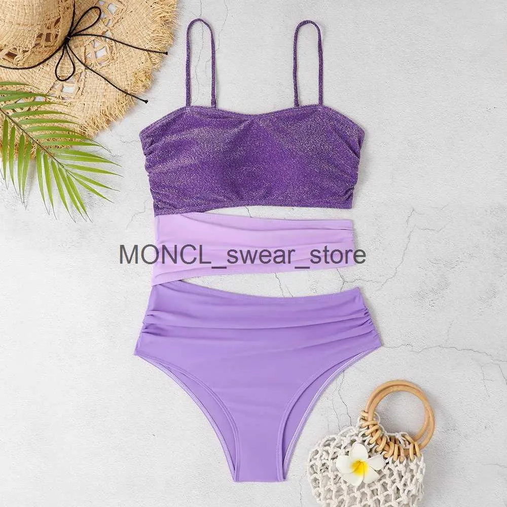 Women's Swimwear New Shiny Purple Contrast Swimsuit 2023 Women Halter Hollow Out Patchwork One Piece Beach Bathing Suit Pleate MonokiniH24222