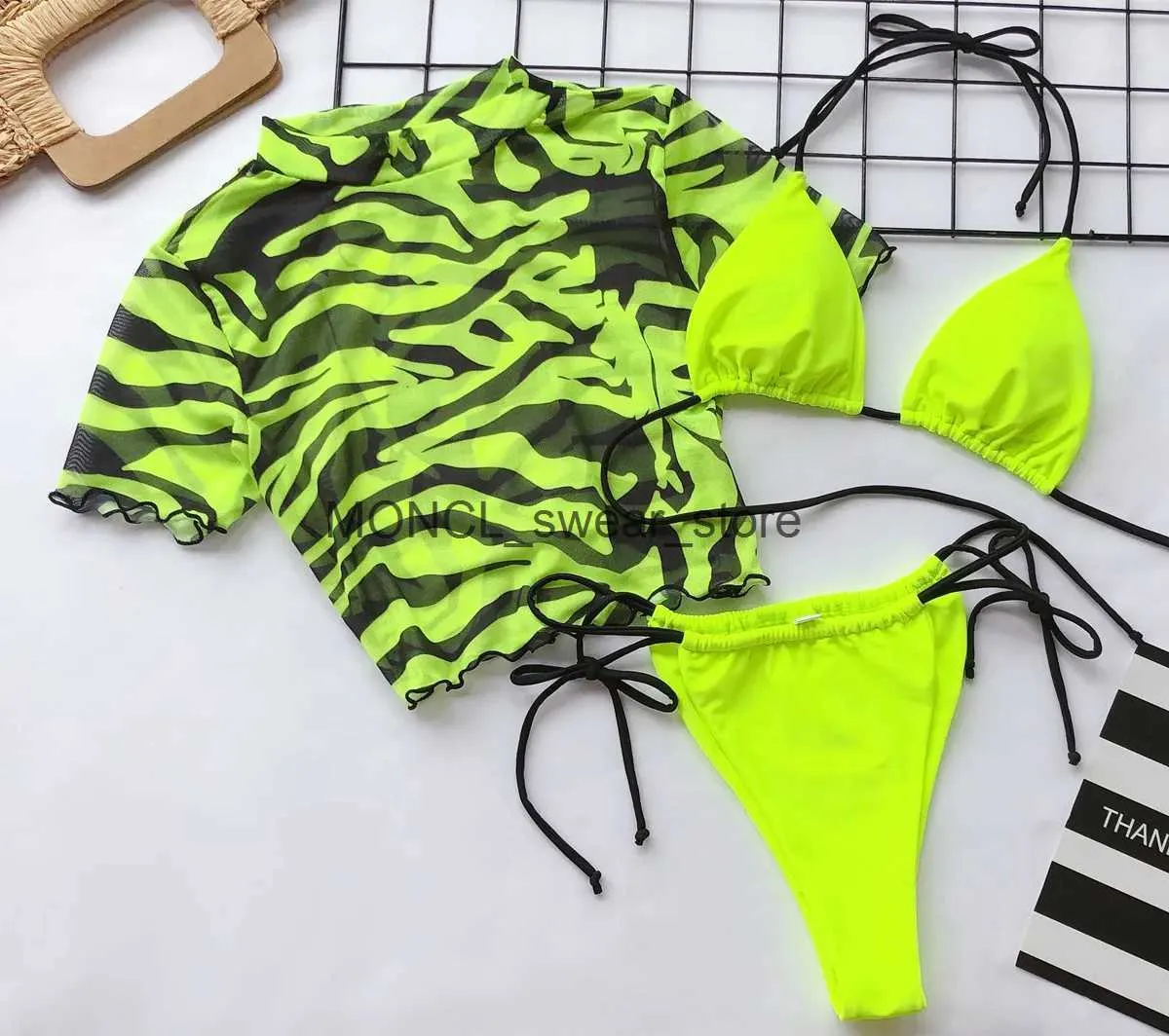 Mulheres Swimwear 3 Peça Biquíni Mulheres Push-up Acolchoado Neon Verde Leopardo Maiô Brasileiro Manga Curta Praia Banheira Terno Thong BiquiniH24222