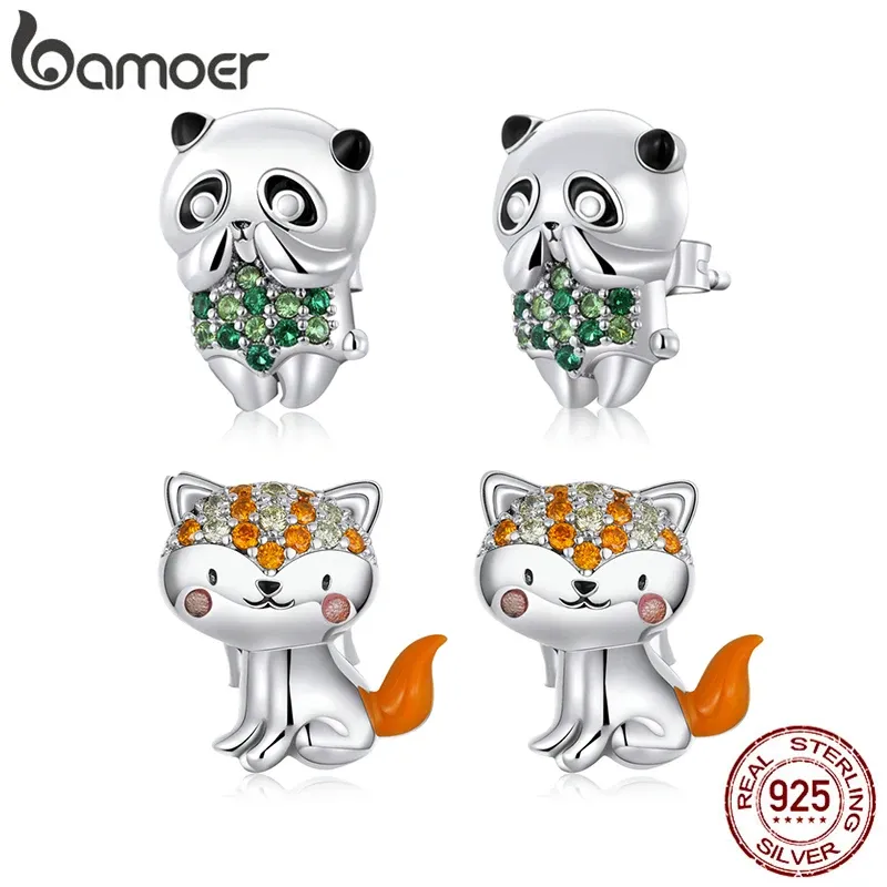 Küpe Bamoer 925 STERLING Gümüş Mini Panda Saplama Küpe Kadınlar İçin Sevimli Fox Ear Saplamalar DIY Hayvanlar Element Partisi Moda Takı