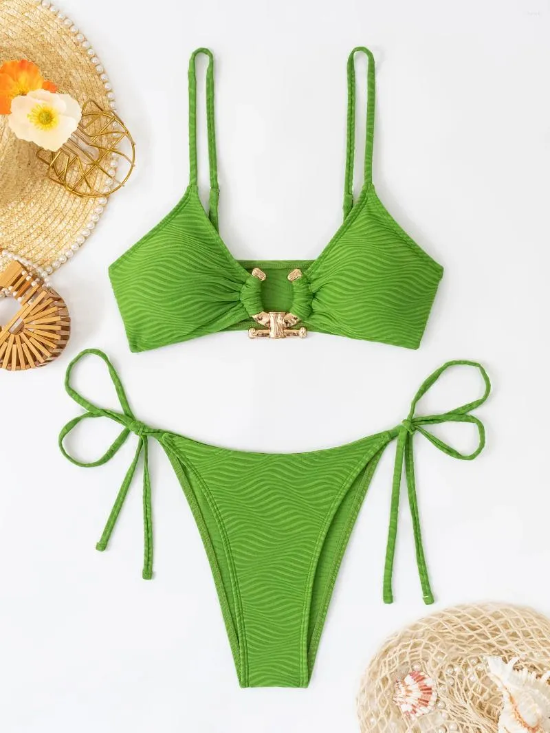 Women's Swimwear Sexy Bikini Set Green Metal Designer Push Up Micro Swimsuit 2024 Brazilian Cut Out Bathing Suit Tie Side Thong