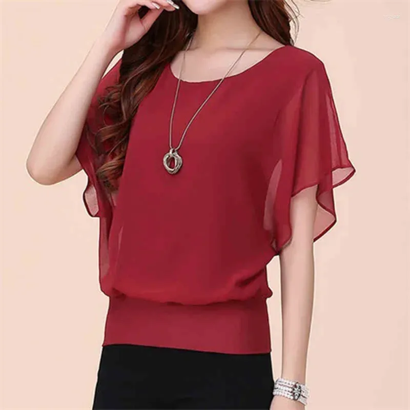 الزر البلوزات النسائية أزياء V-neck غير منتظمة قميص شيفون كبير الحجم