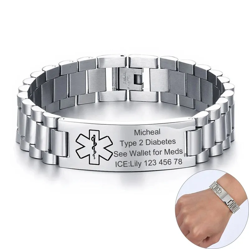 Brins gravés de gros bracelets larges masculins, bracelet d'identification d'alerte médicale, name de gravure personnalisée en acier inoxydable