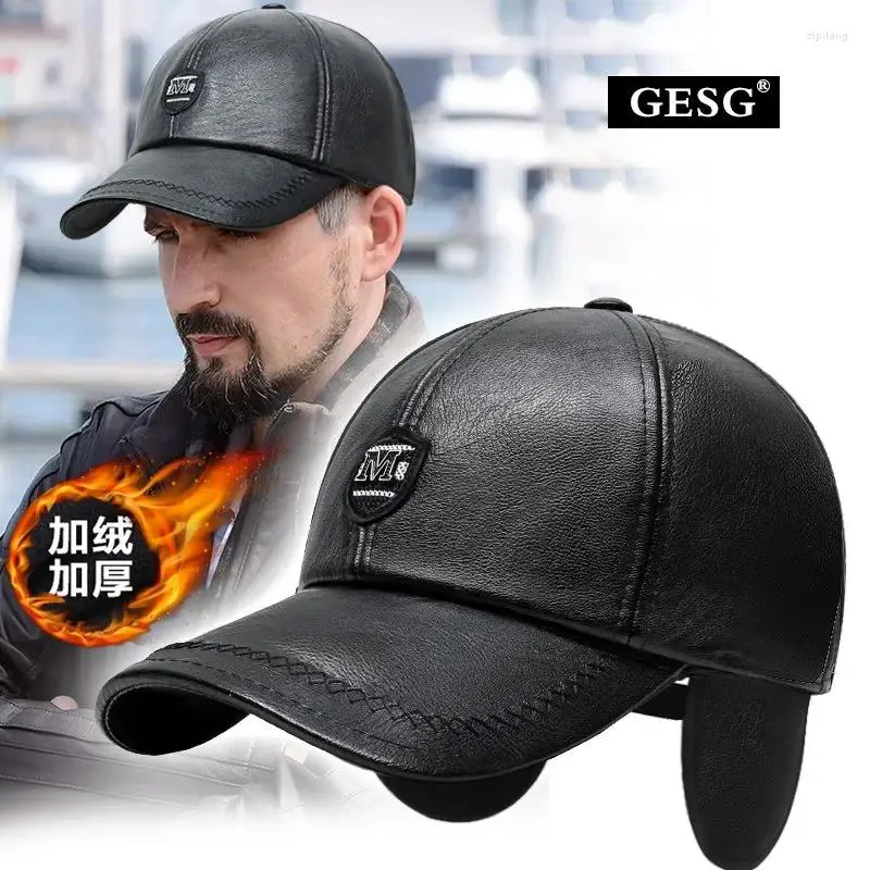 Ball Caps Hat Men's Autumn And Winter Leather Ear Fleece Lined Padded Warm Keeping Baseball Cap Back Sealing Elastic