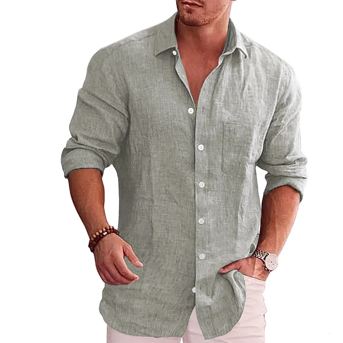 Camisa solta sólida masculina de linho polo gola manga longa moda coreana camisas sociais para homens blusa 240219
