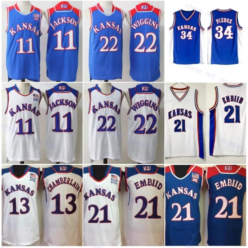 NCAA Kansas Jayhawks College Joel #21 Embiid Jersey Josh 11 Jackson Andrew 22 Wiggins Paul 34 Pierce Wilt 13 Chamberlain basketbalshirts