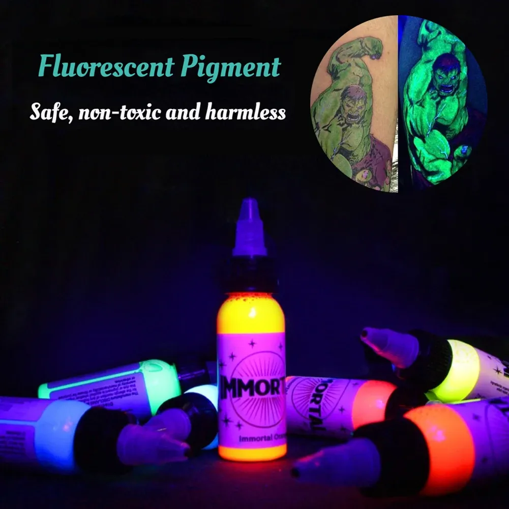 Bultar gratis frakt 15 ml fluorescerande tatuering pigment lila ljus 7 färger professionella semipermanent mikroblåsande kroppsmakeup bläck