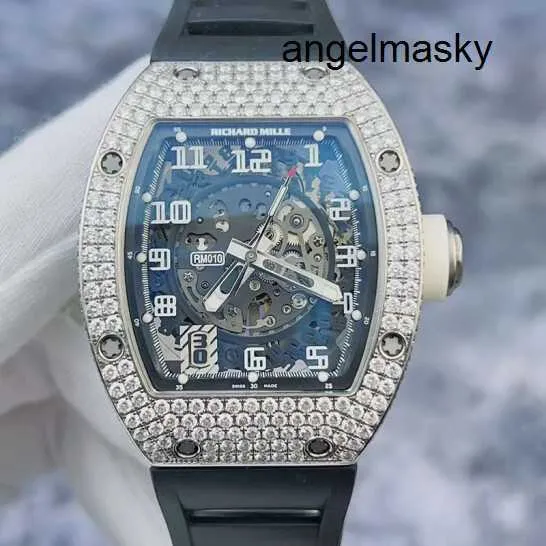 RMクロノグラフラストリストウォッチ自動腕時計RM010 AG WGバックダイヤモンド18Kプラチナフルダイヤモンドホローオートマチックメカニカルウォッチ男性