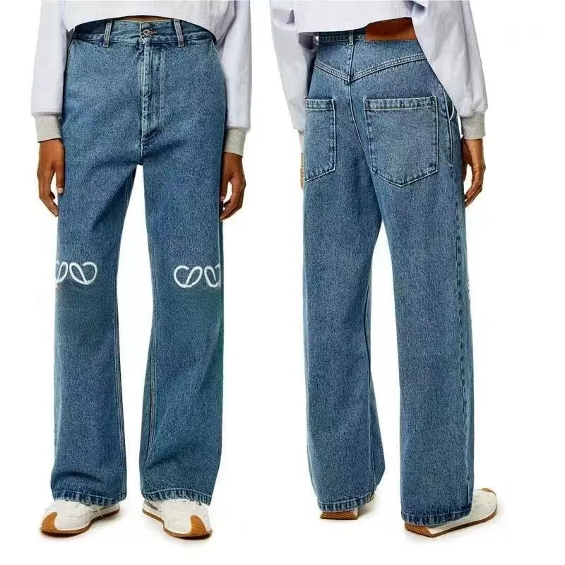 Pantaloni in denim blu dritti ricamati con toppa scavata a vita alta Jeans da donna ricamati Pantaloni in denim a gamba larga a vita alta Jeans firmati