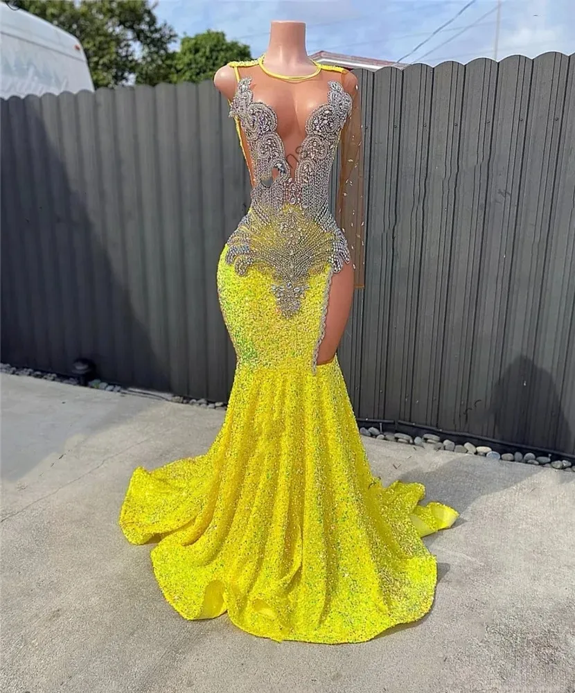 Elegant Yellow Prom Dress for Black Girls Long O-Neck Beaded Crystal  Sequin Evening Gown, Birthday Party Robe de Bal Shop Now!