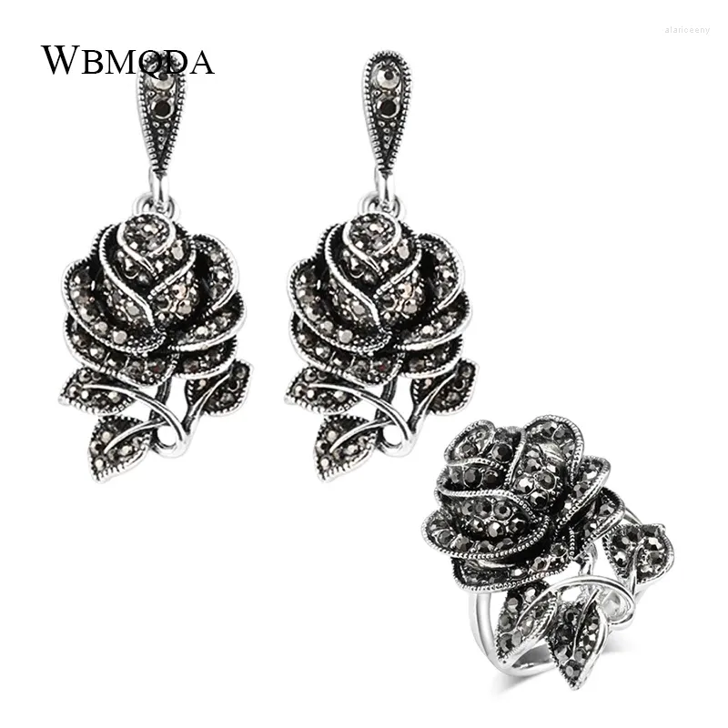 Ketting Oorbellen Set Wbmqda Mode Tibetaans Zilveren Ring Oorbel Voor Vrouwen Vintage Bruiloft Kristal Roos Bloem Feestcadeau