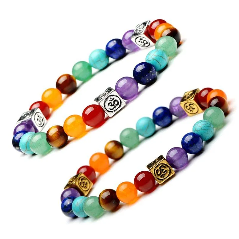 Bracelets extensibles en pierres de lave naturelles perlées de 8 mm, brins d'énergie de guérison Reiki, couleur 7 chakras, perles de prière de Bouddha, bracelet Jewe Dhr1C