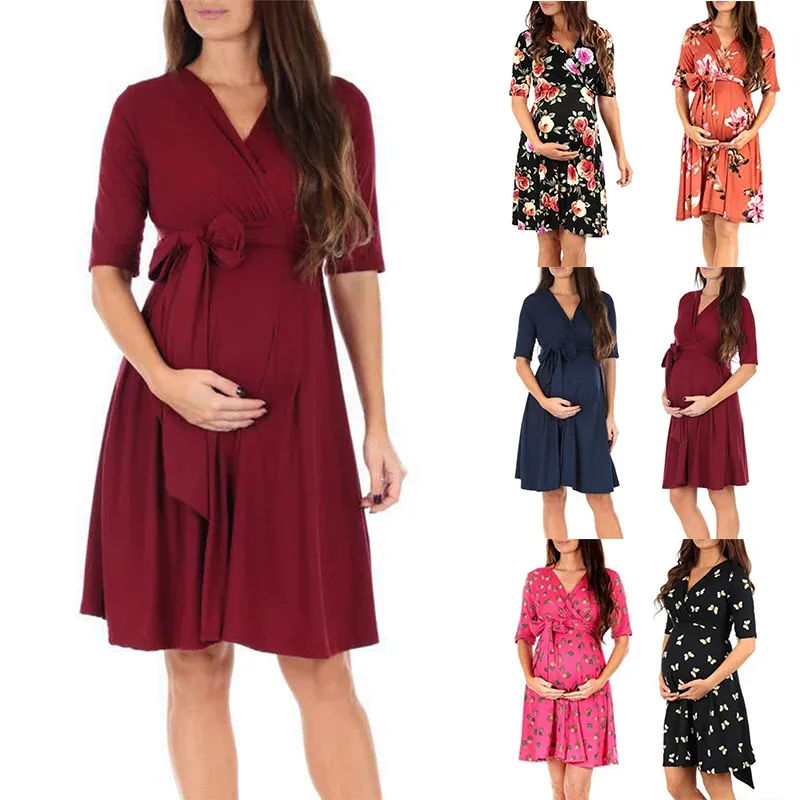 Dresses Maternity Wrap Dress with Adjustable Belt Cotton Loose Casual Dress Women Maternity Clothes Plus Size Christma Maternity Dress