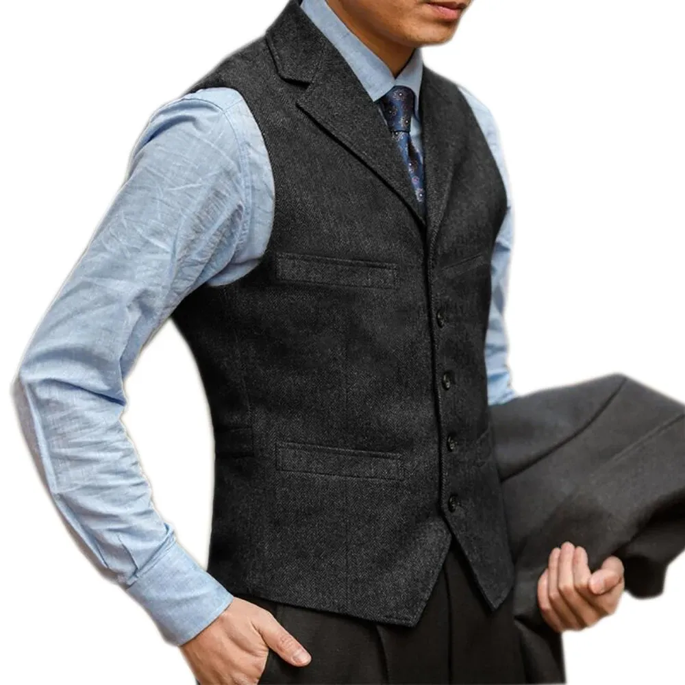 Mäns brittiska fiskbens tweed kostym Vest Business Formal Dress Waistcoat Notch Lapel Sleeveless Casual