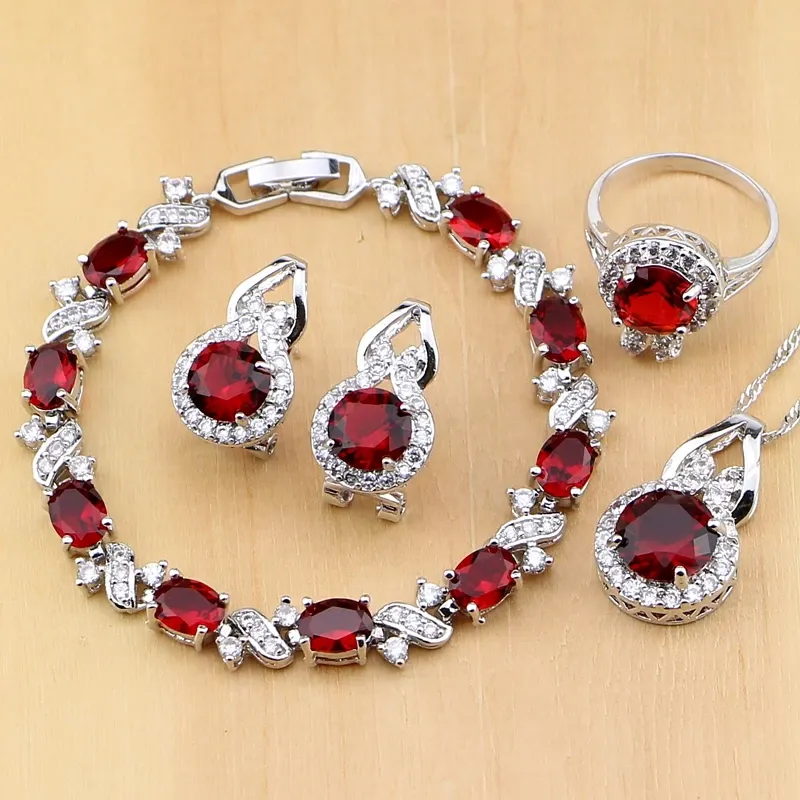Sets Natürliche 925 Silber Schmuck Rot Zirkon Weiß CZ Charme Ohrringe Anhänger Halskette Ring Armbänder Schmuck Sets für Frauen