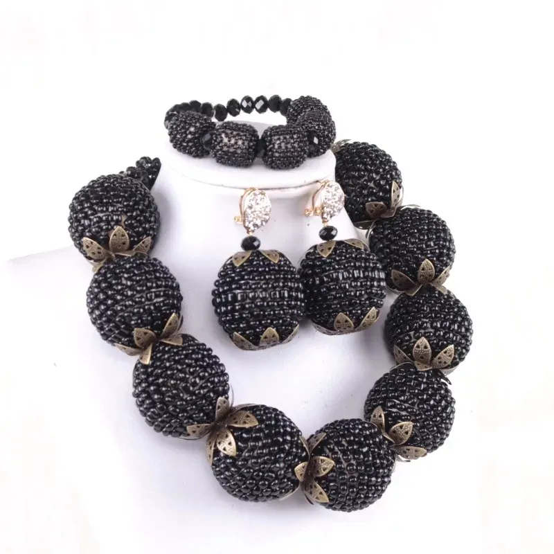 Dudo, juegos de joyería fina para mujer, bolas de cuentas negras, pendientes, pulsera y collar, conjunto de joyería tradicional nigeriana a la moda