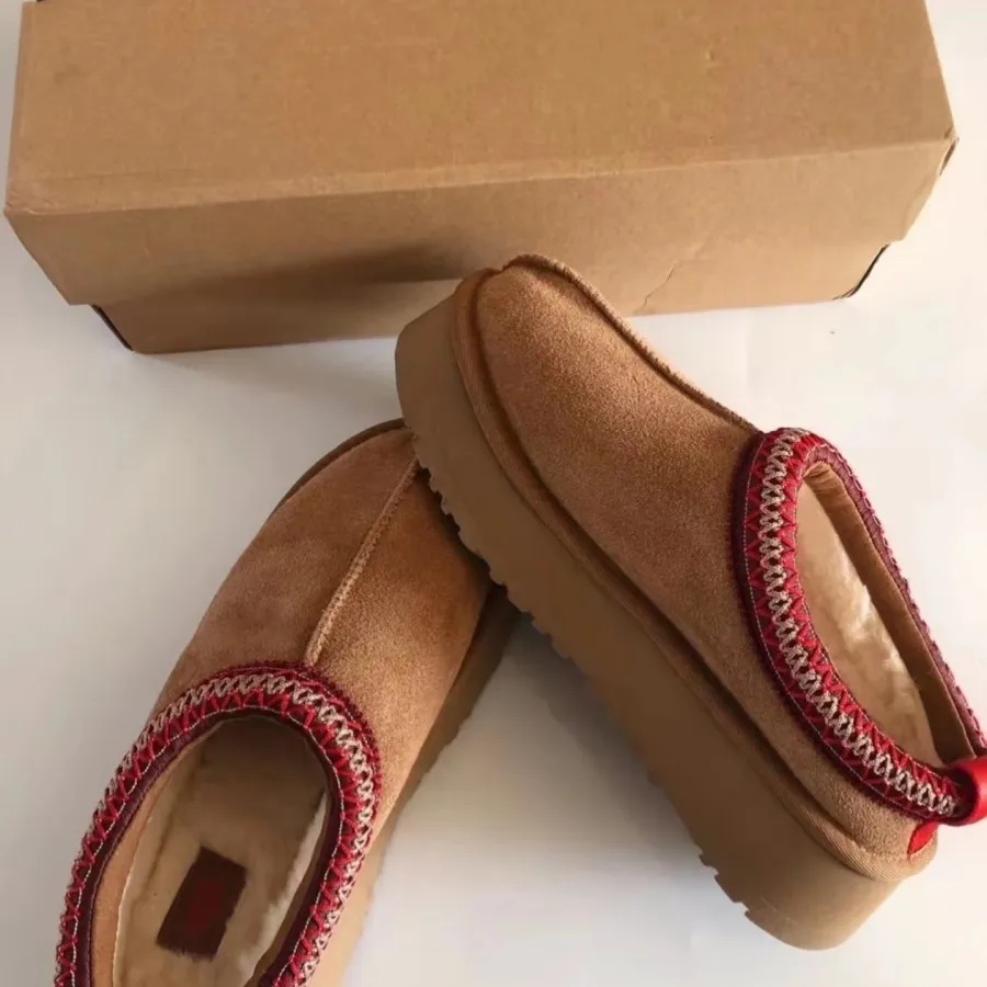 Designer Slippers Tasman Chestnut Fur Slippers Sheepskin Cut Tazz Slippers Mule Men's Super Mini Platform Boots Overshoes Suede Leather Upper Comfortable